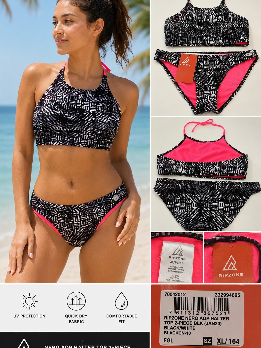 Women’s Black/Hot Pink Halter Bikini Set